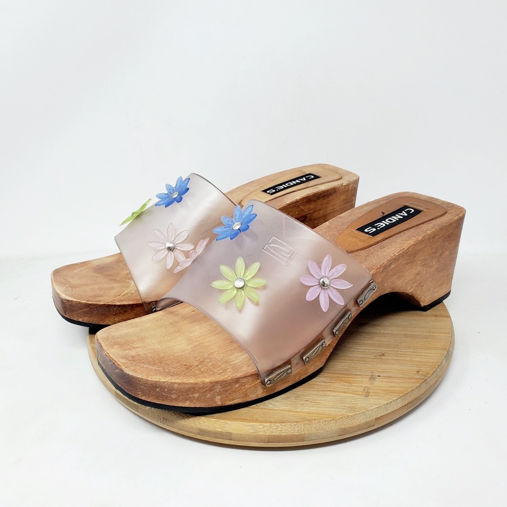 Candies Wood Sandals Womens 10 Clear Flowers Chunky Y2K Clog Vintage Shoes